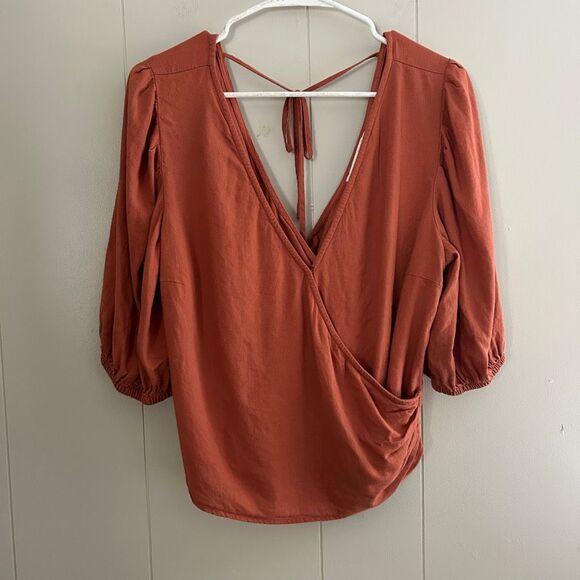 Abercrombie & Fitch Rust Orange Wrap Top | Deep V-Neck Tie Back Blouse | Size L - Picture 1 of 7